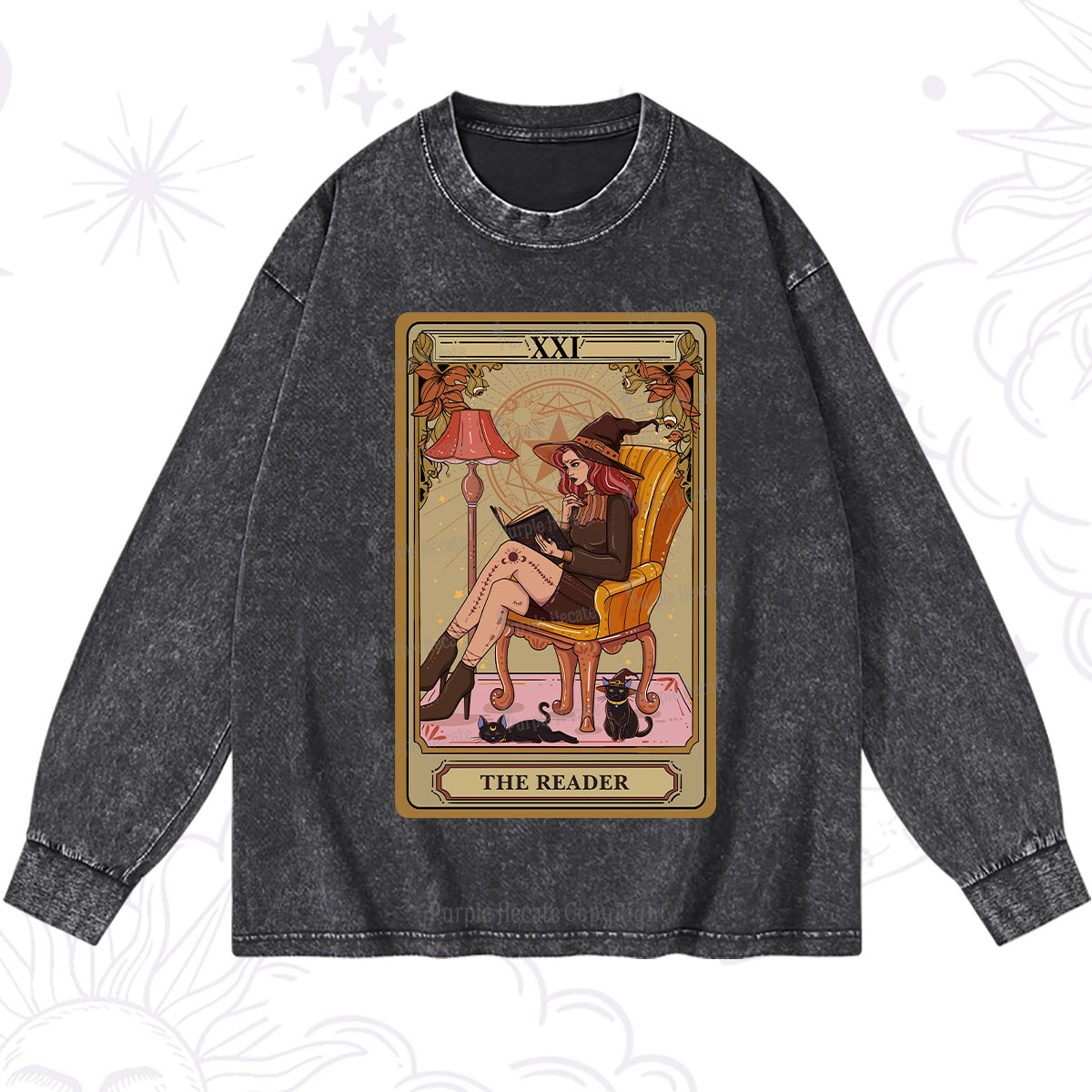 Purplehecate The Reader-Cat Mom Tarot Washed Long Sleeve Shirt