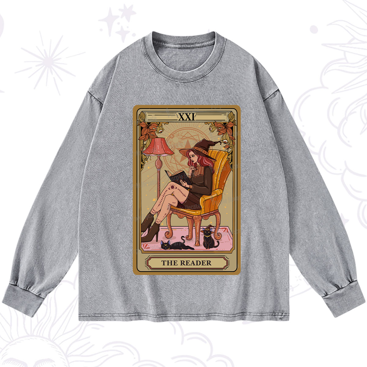 Purplehecate The Reader-Cat Mom Tarot Washed Long Sleeve Shirt