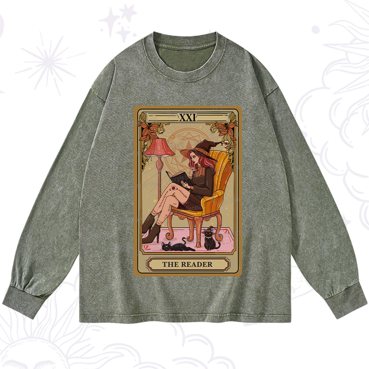 Purplehecate The Reader-Cat Mom Tarot Washed Long Sleeve Shirt