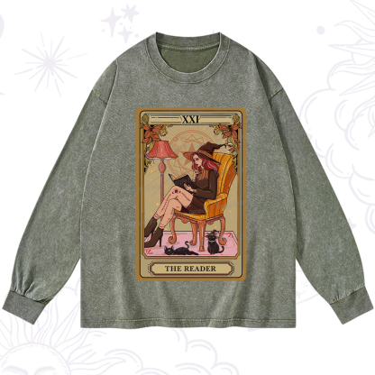 Purplehecate The Reader-Cat Mom Tarot Washed Long Sleeve Shirt
