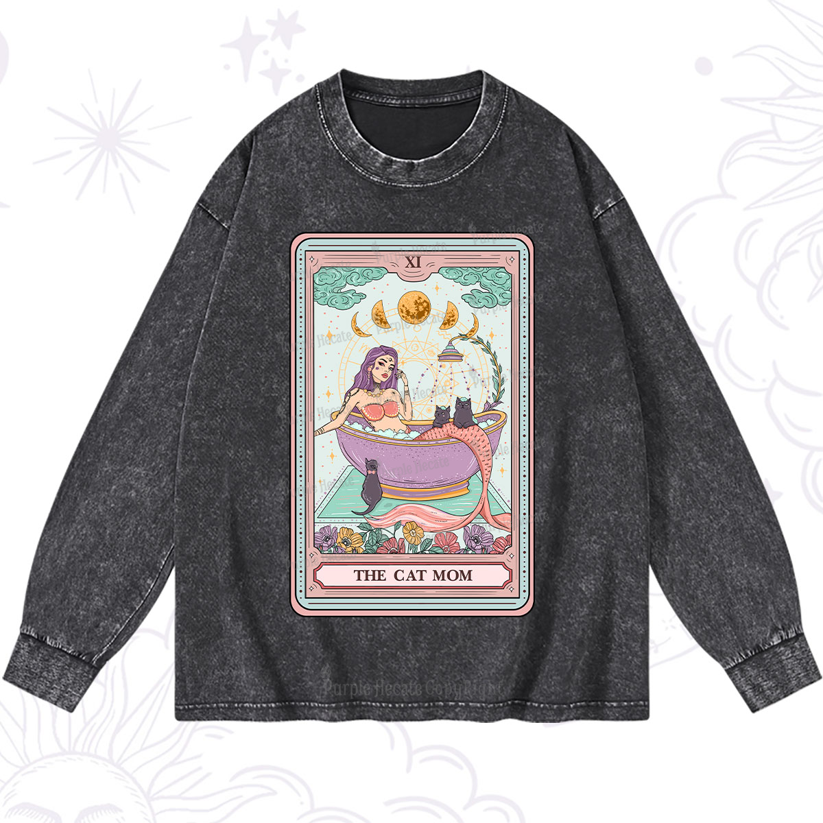 Purplehecate The Cat Mermaid Mom Tarot Card Washed Long Sleeve Shirt