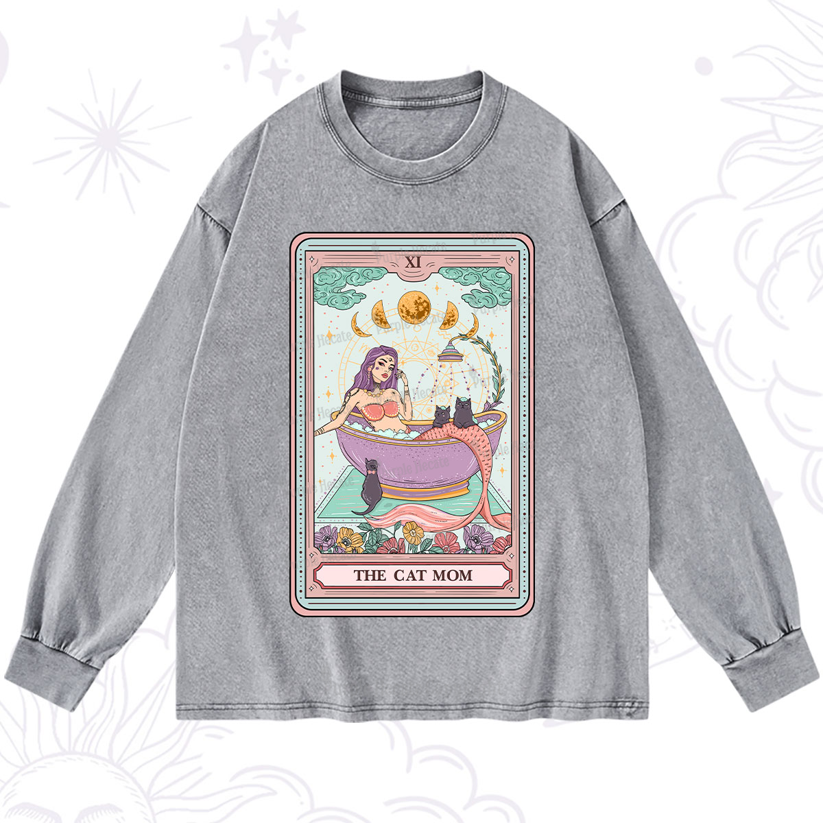 Purplehecate The Cat Mermaid Mom Tarot Card Washed Long Sleeve Shirt