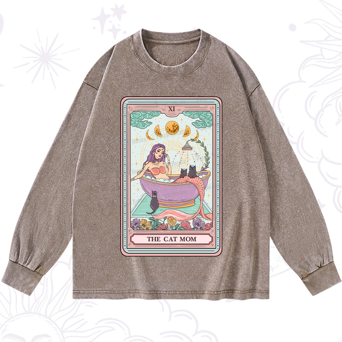 Purplehecate The Cat Mermaid Mom Tarot Card Washed Long Sleeve Shirt