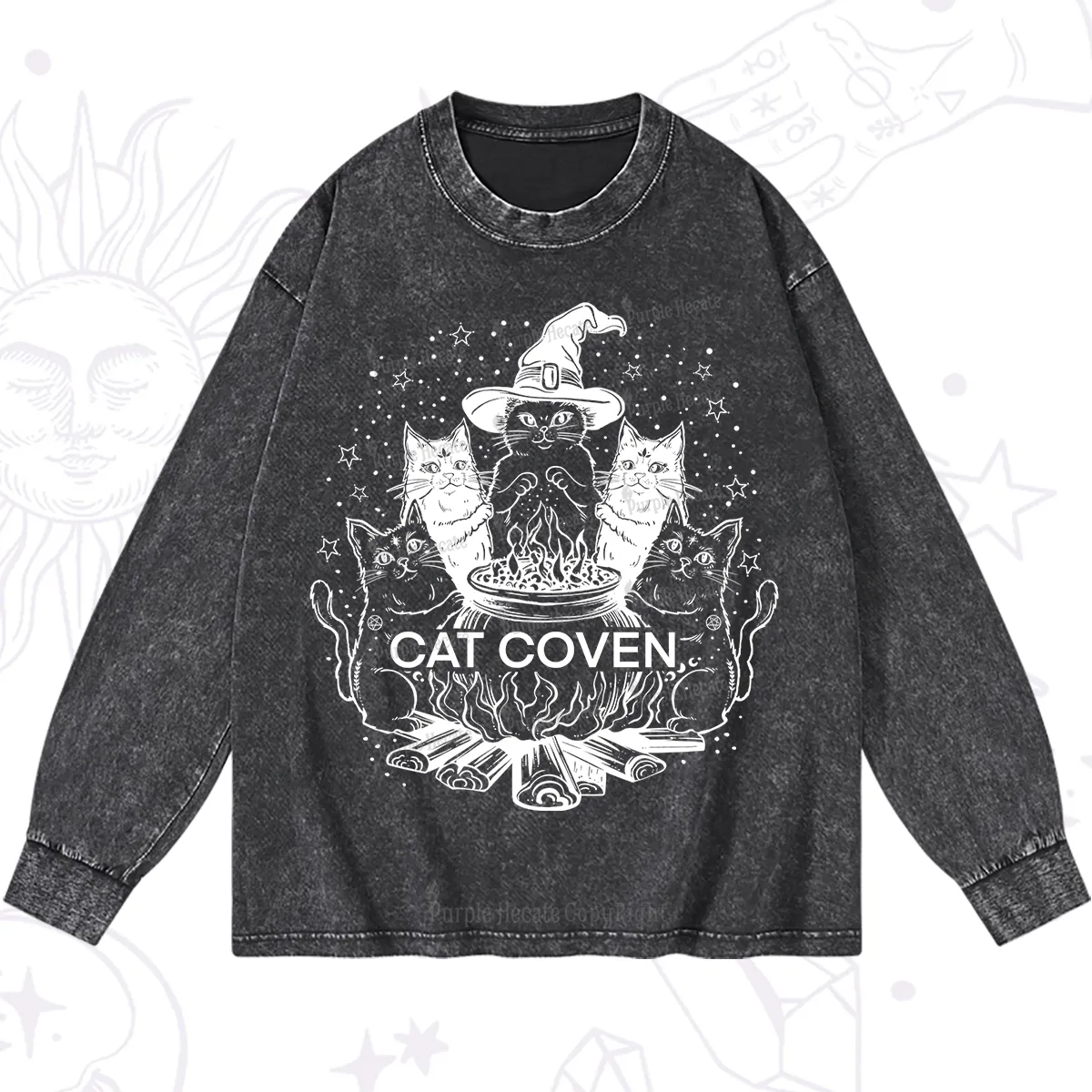 Purplehecate Witchy Cat Coven Washed Long Sleeve Shirt