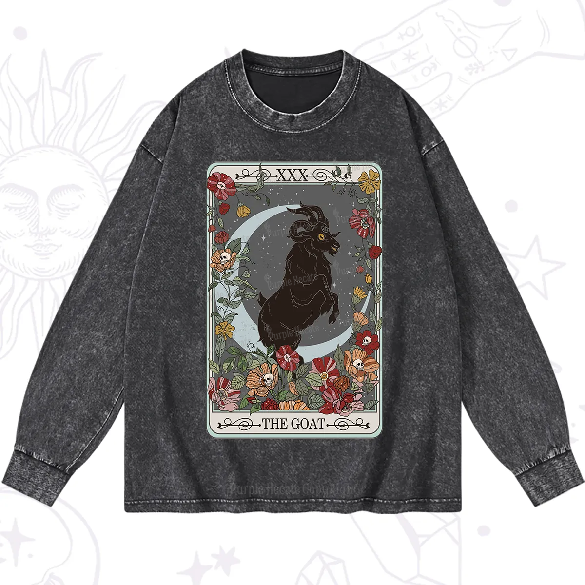 Purplehecate The Goat Tarot Card Washed Long Sleeve Shirt