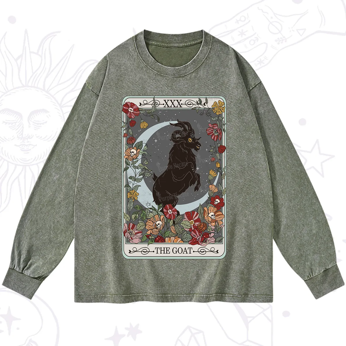 Purplehecate The Goat Tarot Card Washed Long Sleeve Shirt