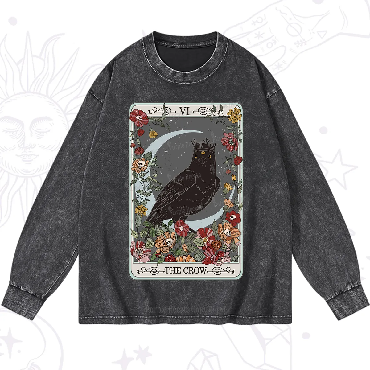 Purplehecate The Crow Tarot Card Washed Long Sleeve Shirt
