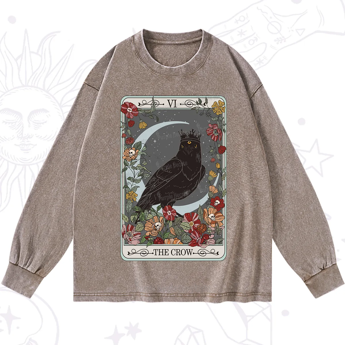 Purplehecate The Crow Tarot Card Washed Long Sleeve Shirt