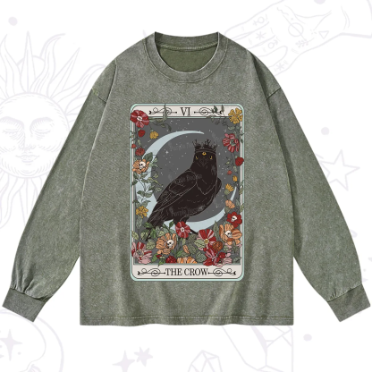 Purplehecate The Crow Tarot Card Washed Long Sleeve Shirt