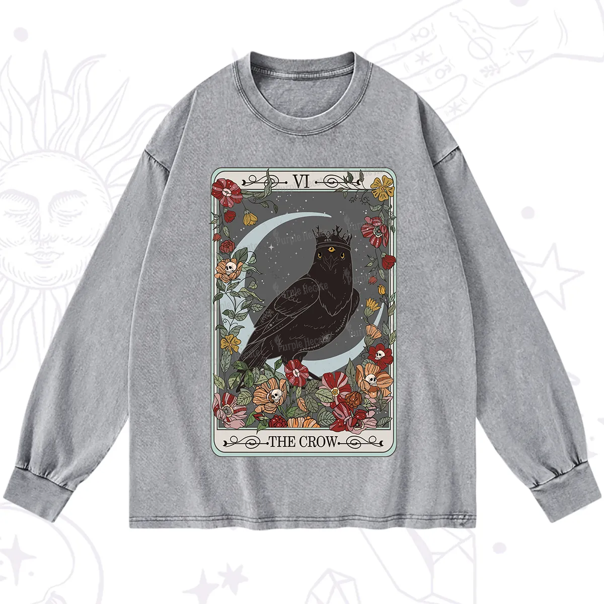 Purplehecate The Crow Tarot Card Washed Long Sleeve Shirt