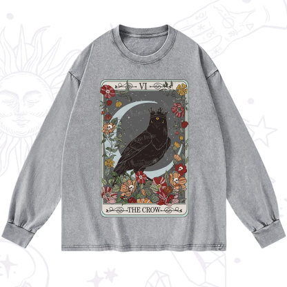 Purplehecate The Crow Tarot Card Washed Long Sleeve Shirt