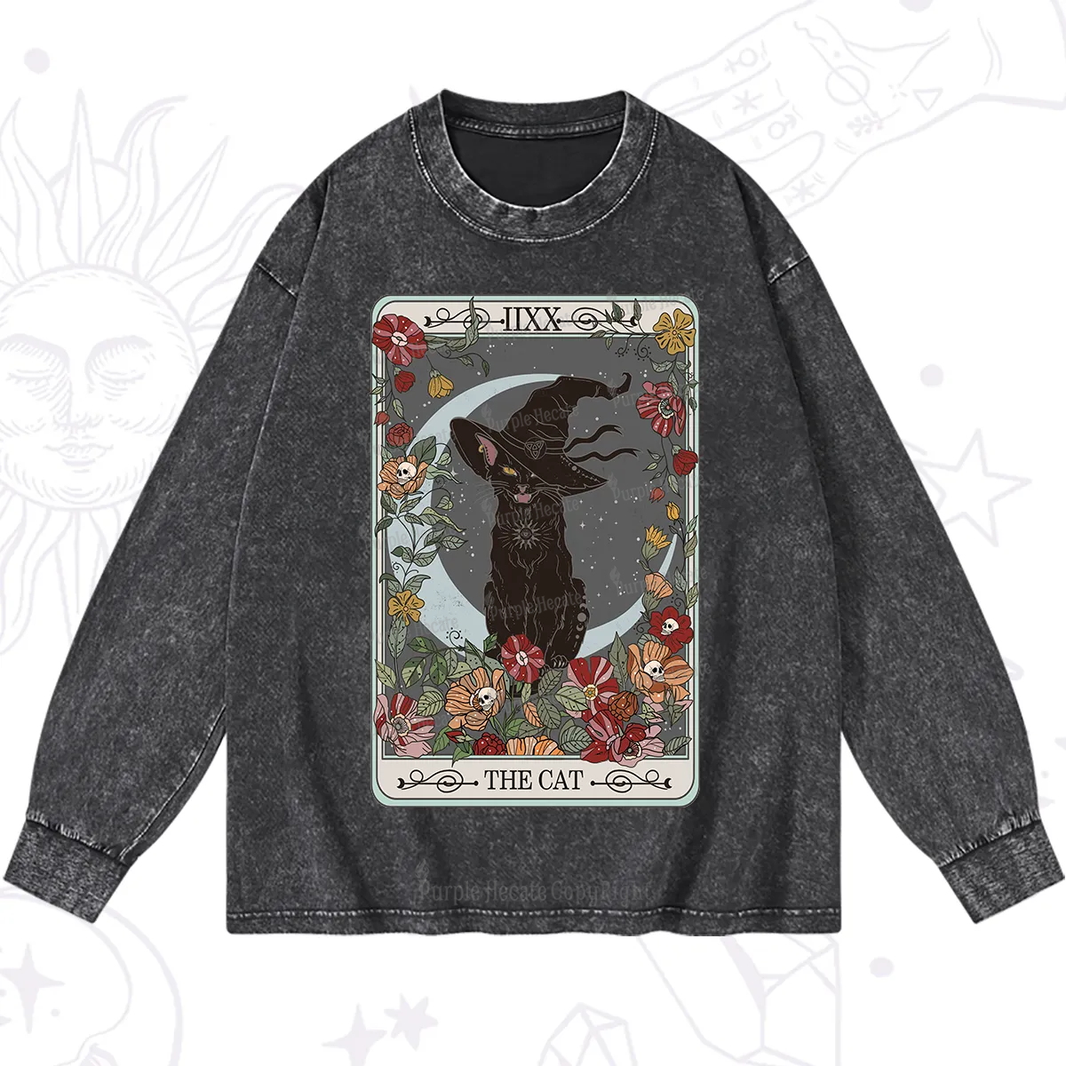 Purplehecate The Cat Tarot Card Washed Long Sleeve Shirt