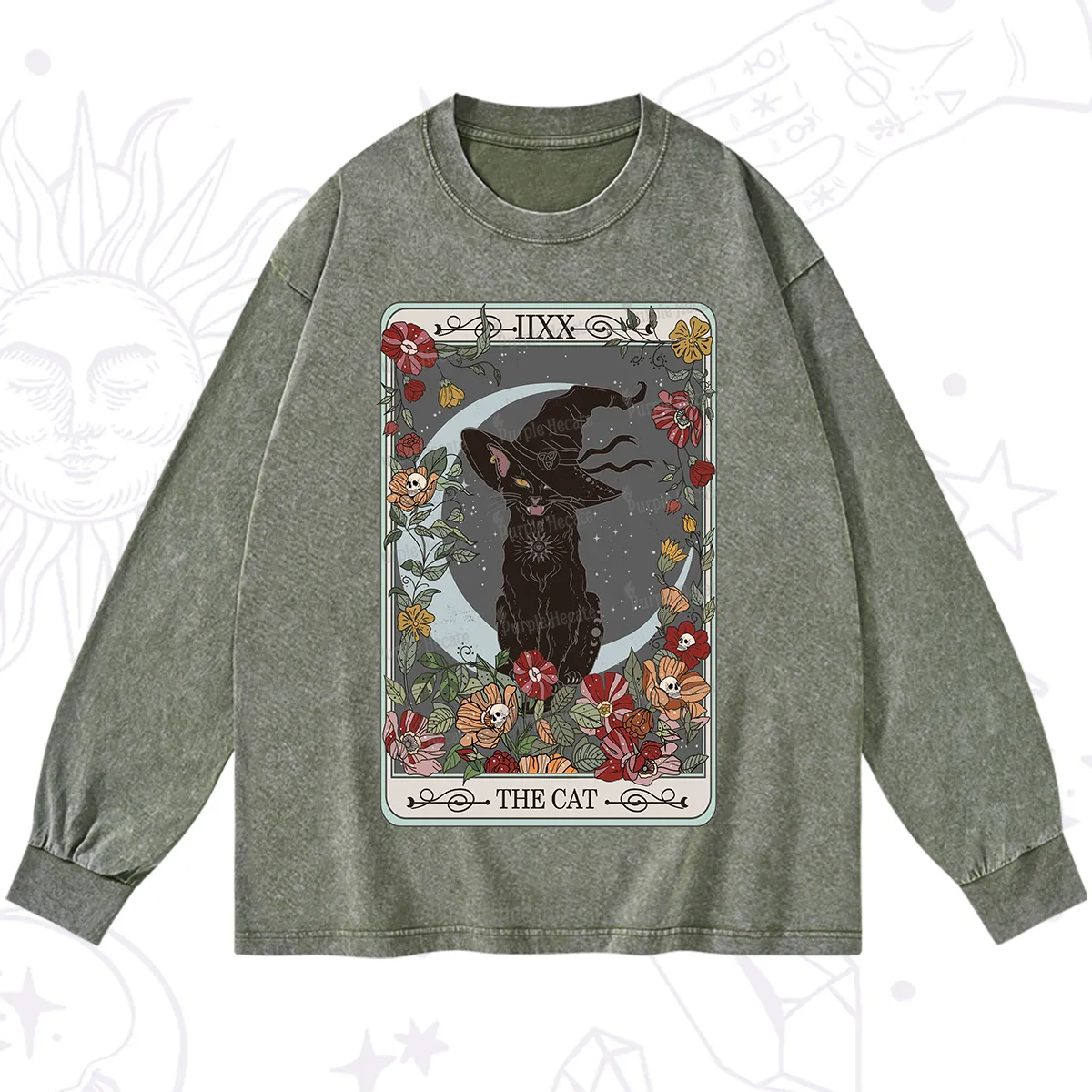Purplehecate The Cat Tarot Card Washed Long Sleeve Shirt