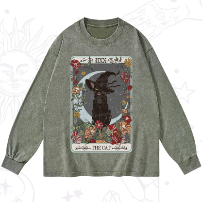 Purplehecate The Cat Tarot Card Washed Long Sleeve Shirt
