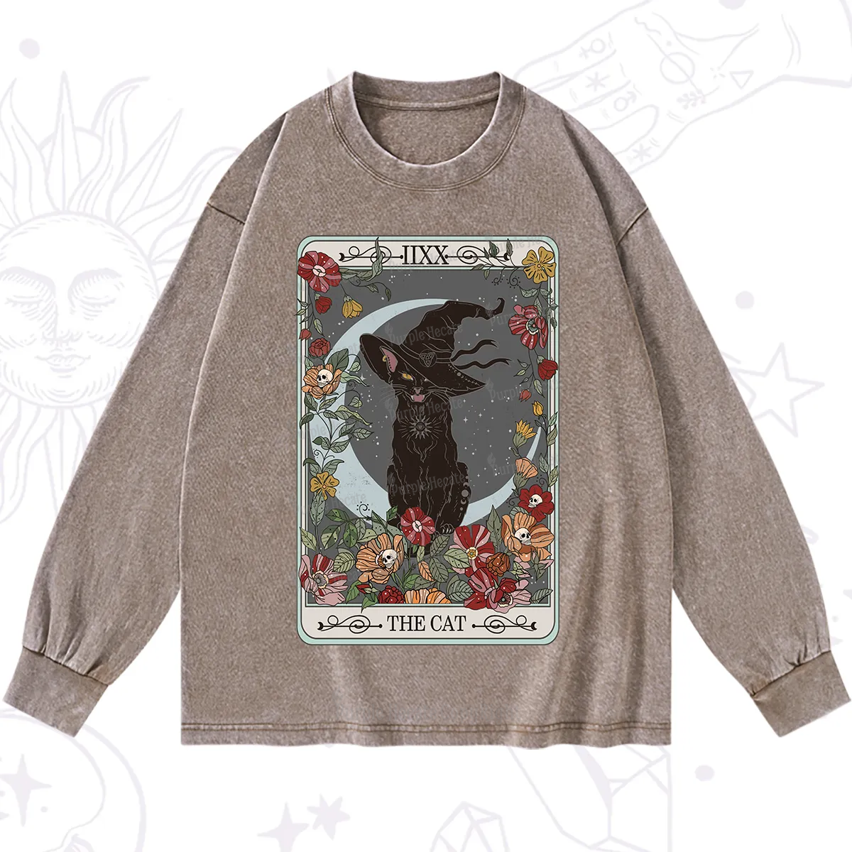 Purplehecate The Cat Tarot Card Washed Long Sleeve Shirt
