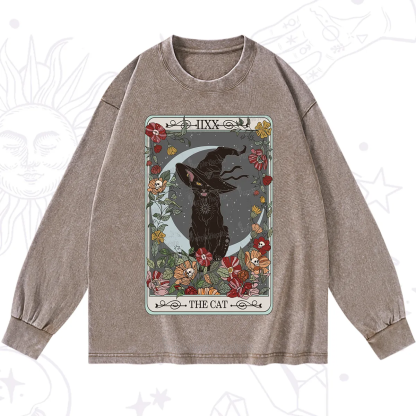 Purplehecate The Cat Tarot Card Washed Long Sleeve Shirt
