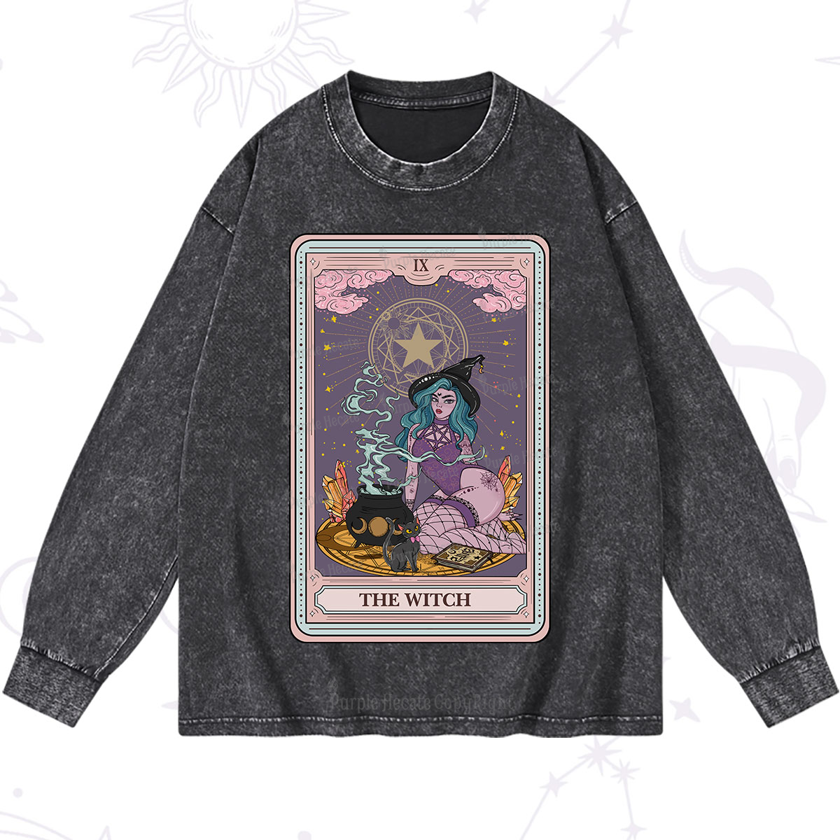 Purplehecate The Alchemy Witch Tarot Card Washed Long Sleeve Shirt