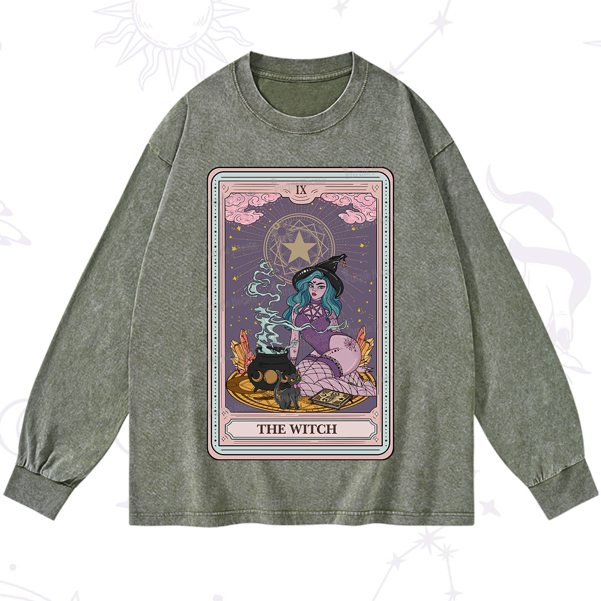 Purplehecate The Alchemy Witch Tarot Card Washed Long Sleeve Shirt