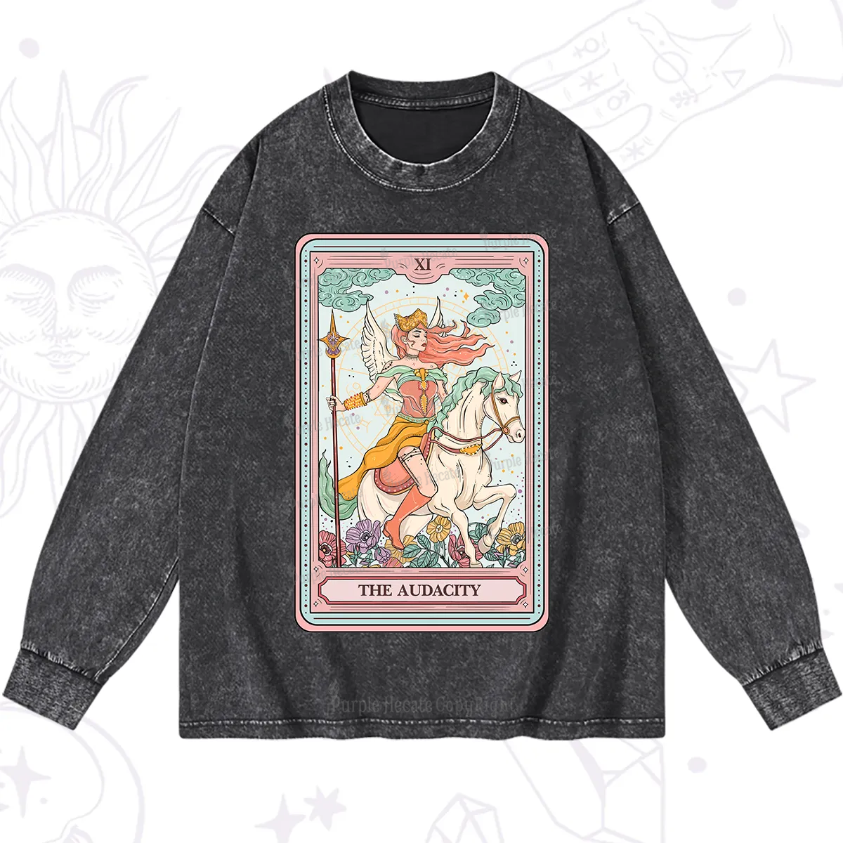 Purplehecate The Audacity Winged Goddess Tarot Card Washed Long Sleeve Shirt