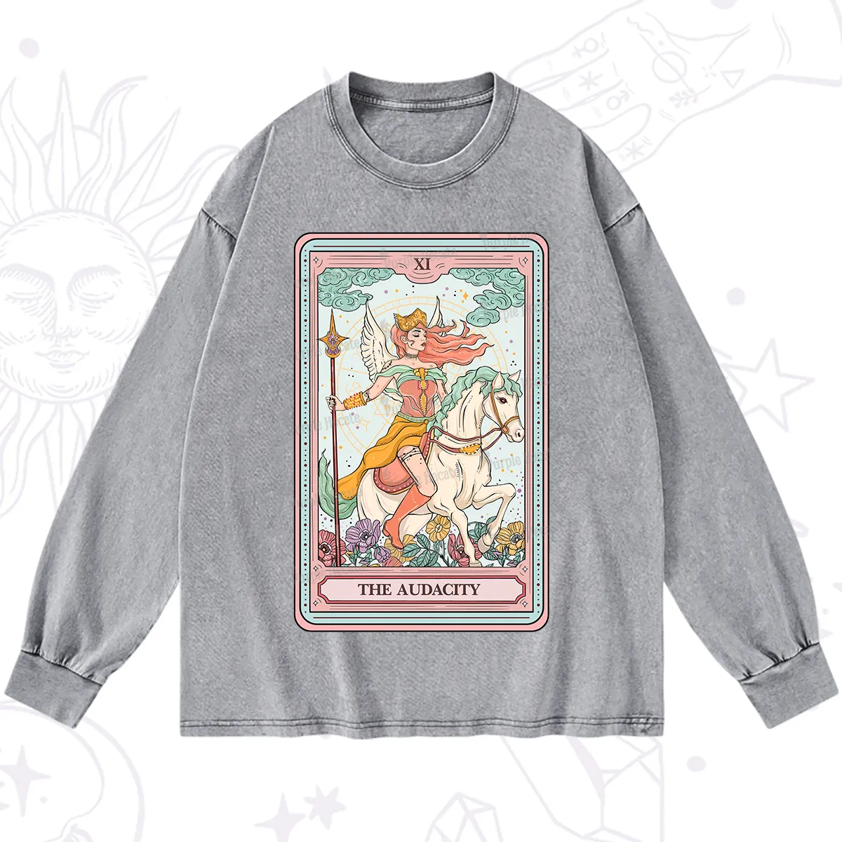 Purplehecate The Audacity Winged Goddess Tarot Card Washed Long Sleeve Shirt