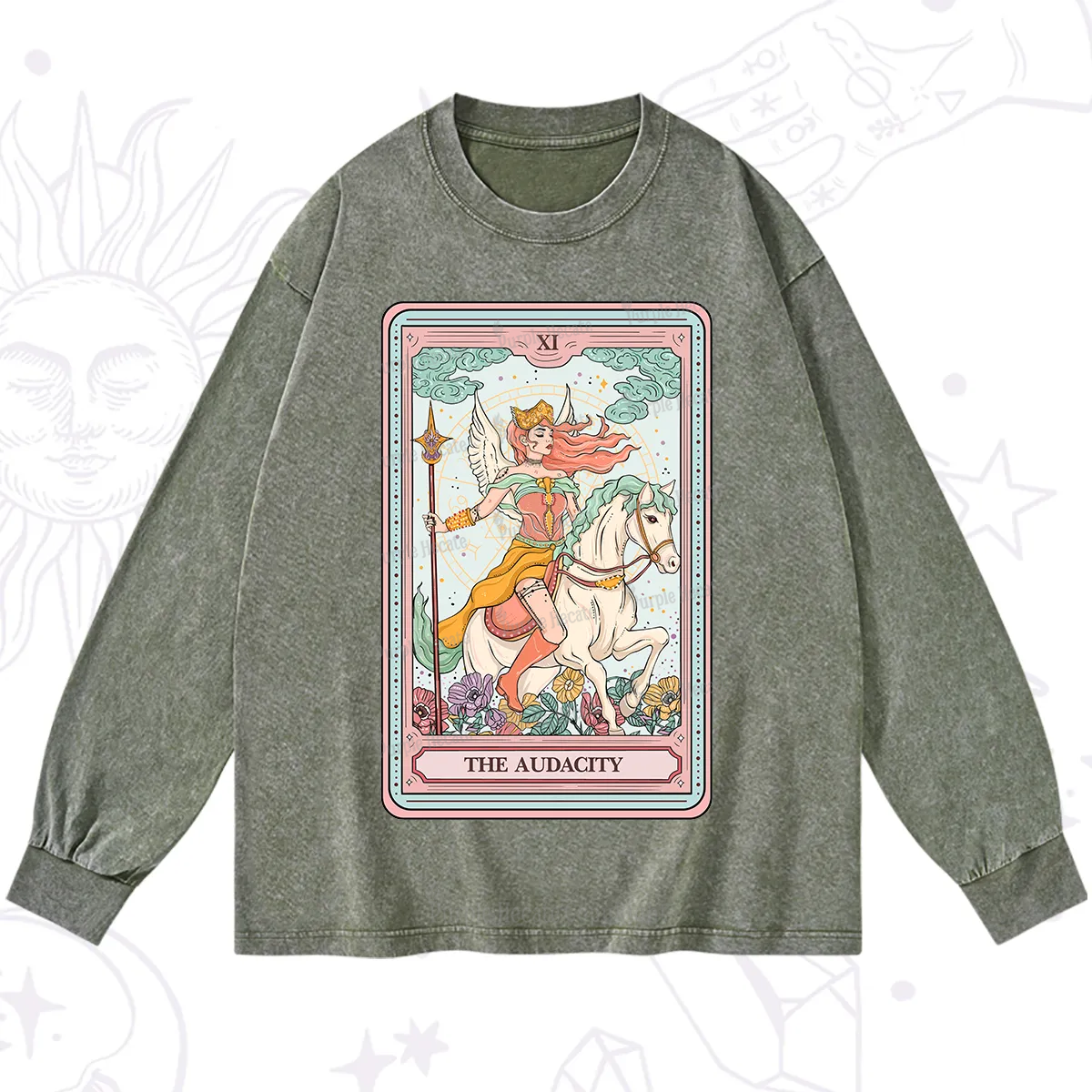 Purplehecate The Audacity Winged Goddess Tarot Card Washed Long Sleeve Shirt