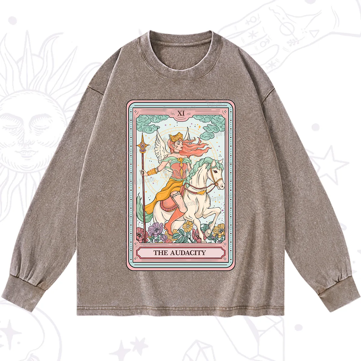 Purplehecate The Audacity Winged Goddess Tarot Card Washed Long Sleeve Shirt