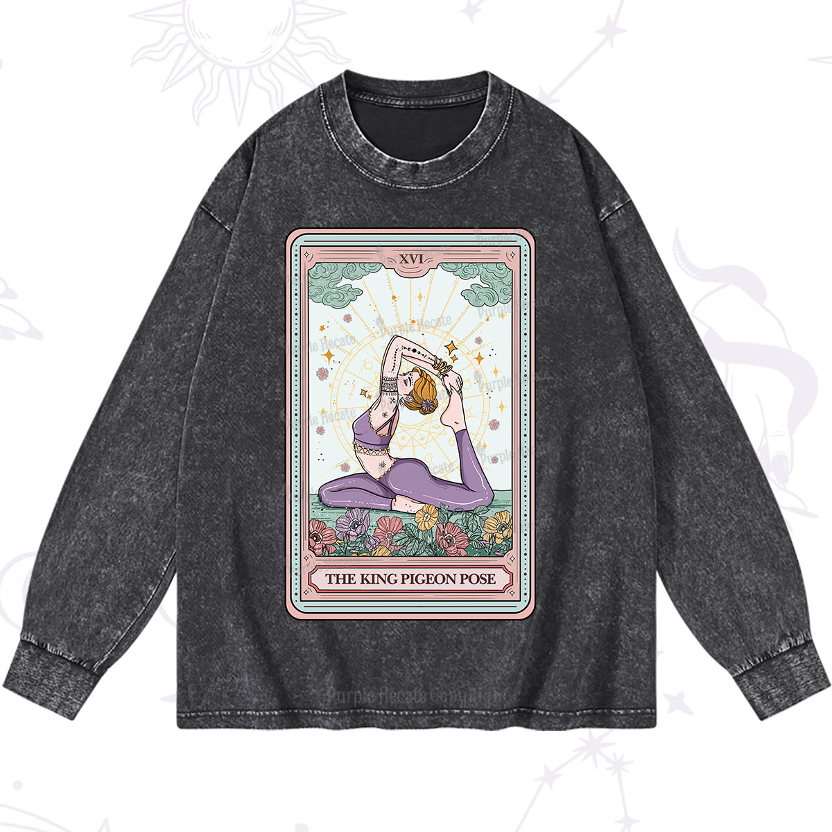 Purplehecate The King Pigeon Pose Tarot Card Washed Long Sleeve Shirt