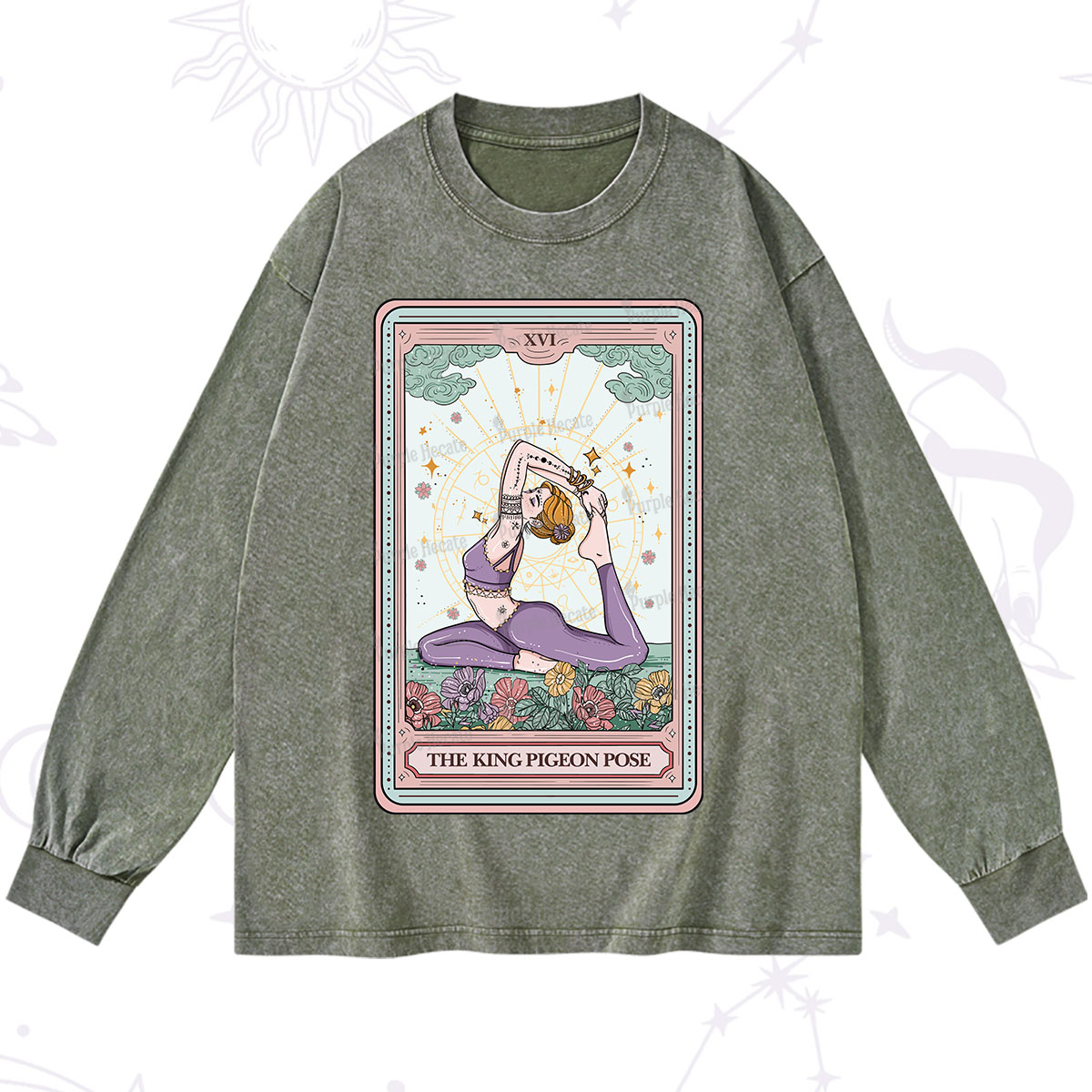 Purplehecate The King Pigeon Pose Tarot Card Washed Long Sleeve Shirt