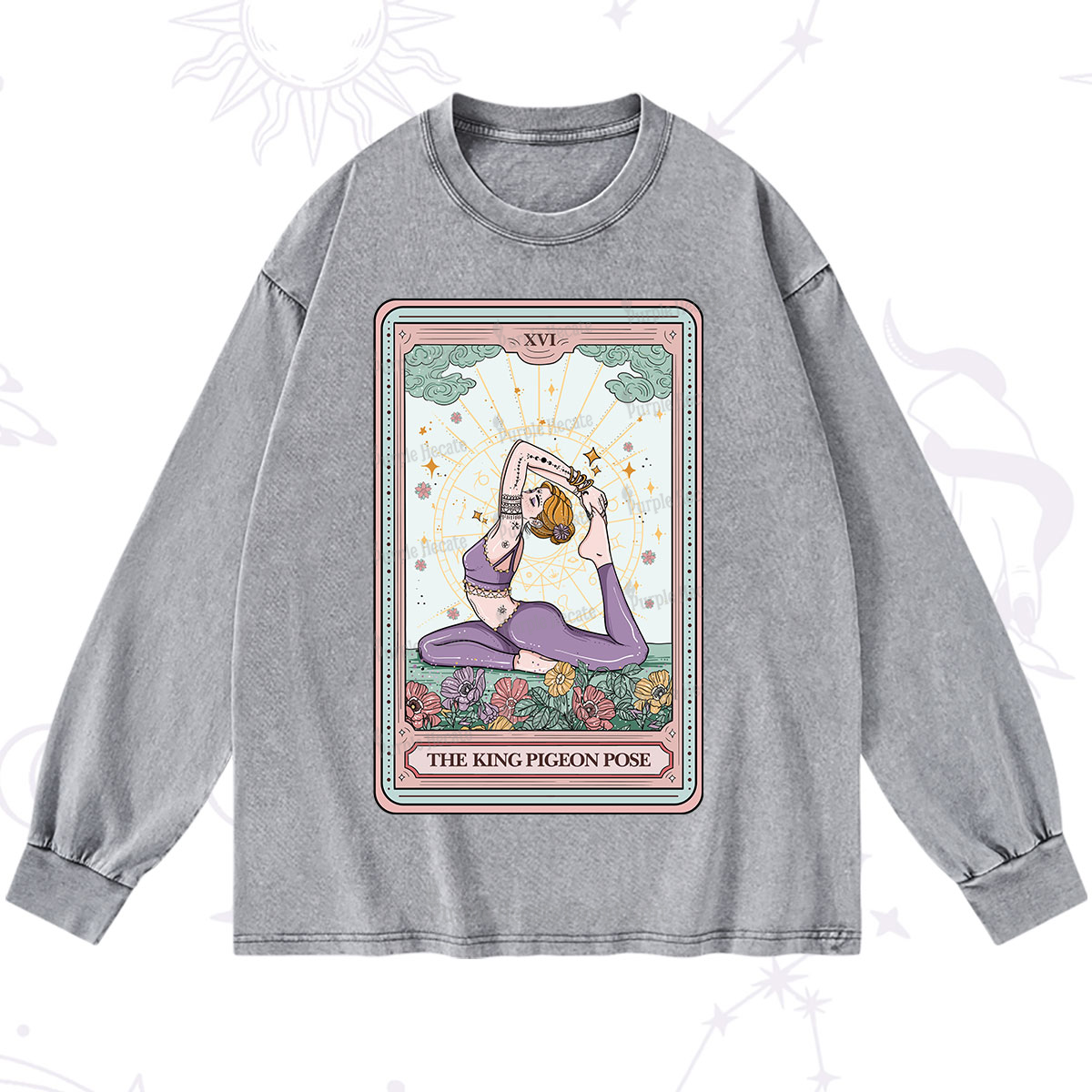 Purplehecate The King Pigeon Pose Tarot Card Washed Long Sleeve Shirt