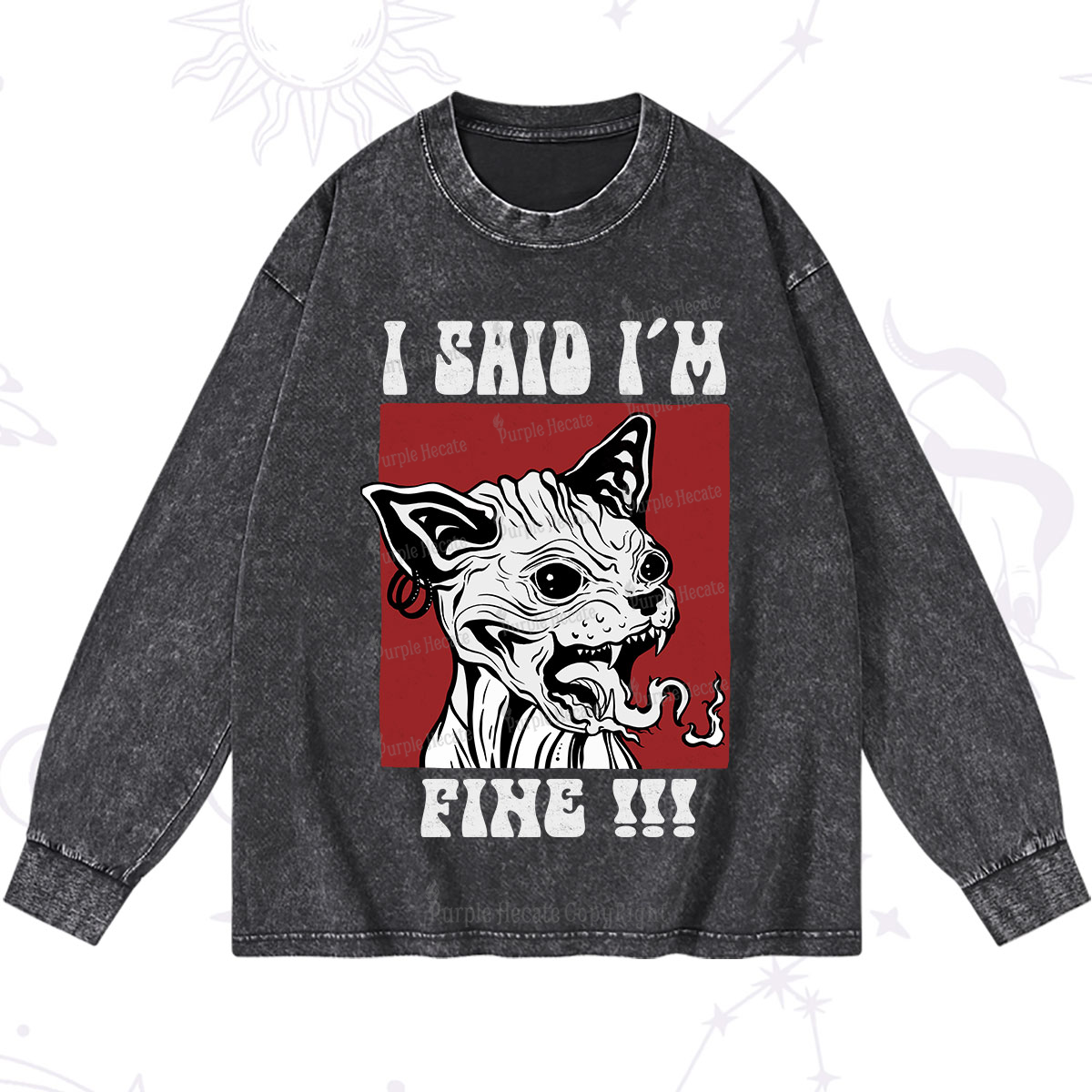 Purplehecate Angry Cat Washed Long Sleeve Shirt