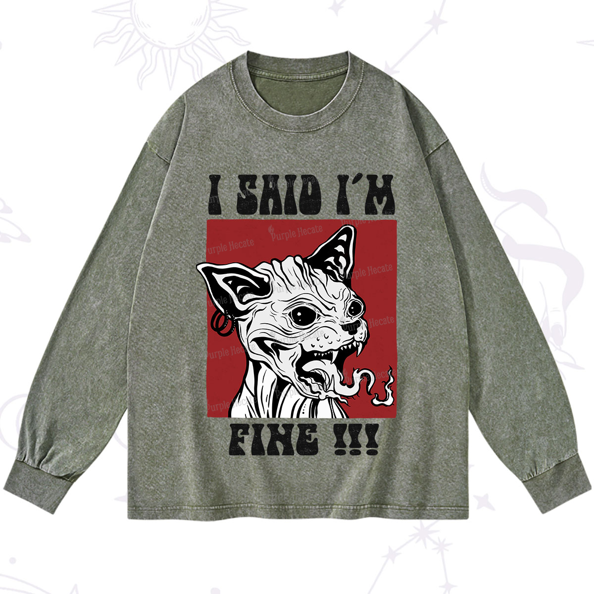 Purplehecate Angry Cat Washed Long Sleeve Shirt