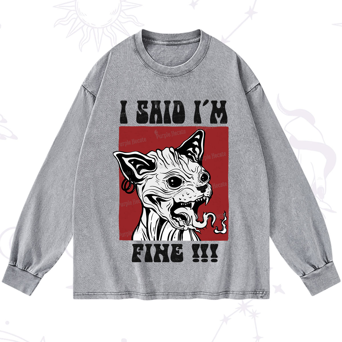 Purplehecate Angry Cat Washed Long Sleeve Shirt