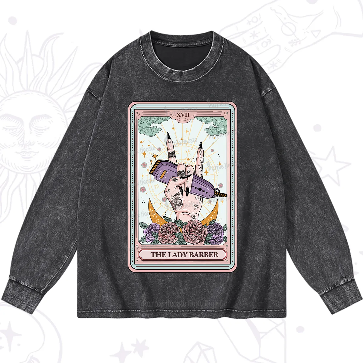 Purplehecate The Lady Barber Tarot Card Washed Long Sleeve Shirt