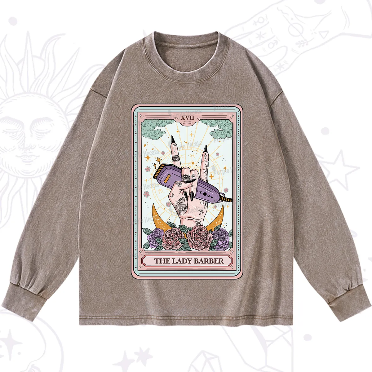 Purplehecate The Lady Barber Tarot Card Washed Long Sleeve Shirt