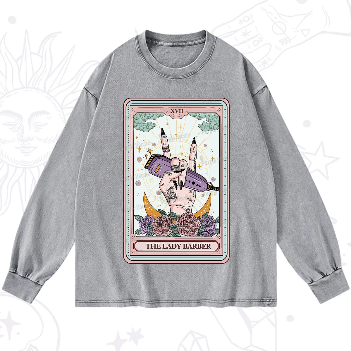 Purplehecate The Lady Barber Tarot Card Washed Long Sleeve Shirt