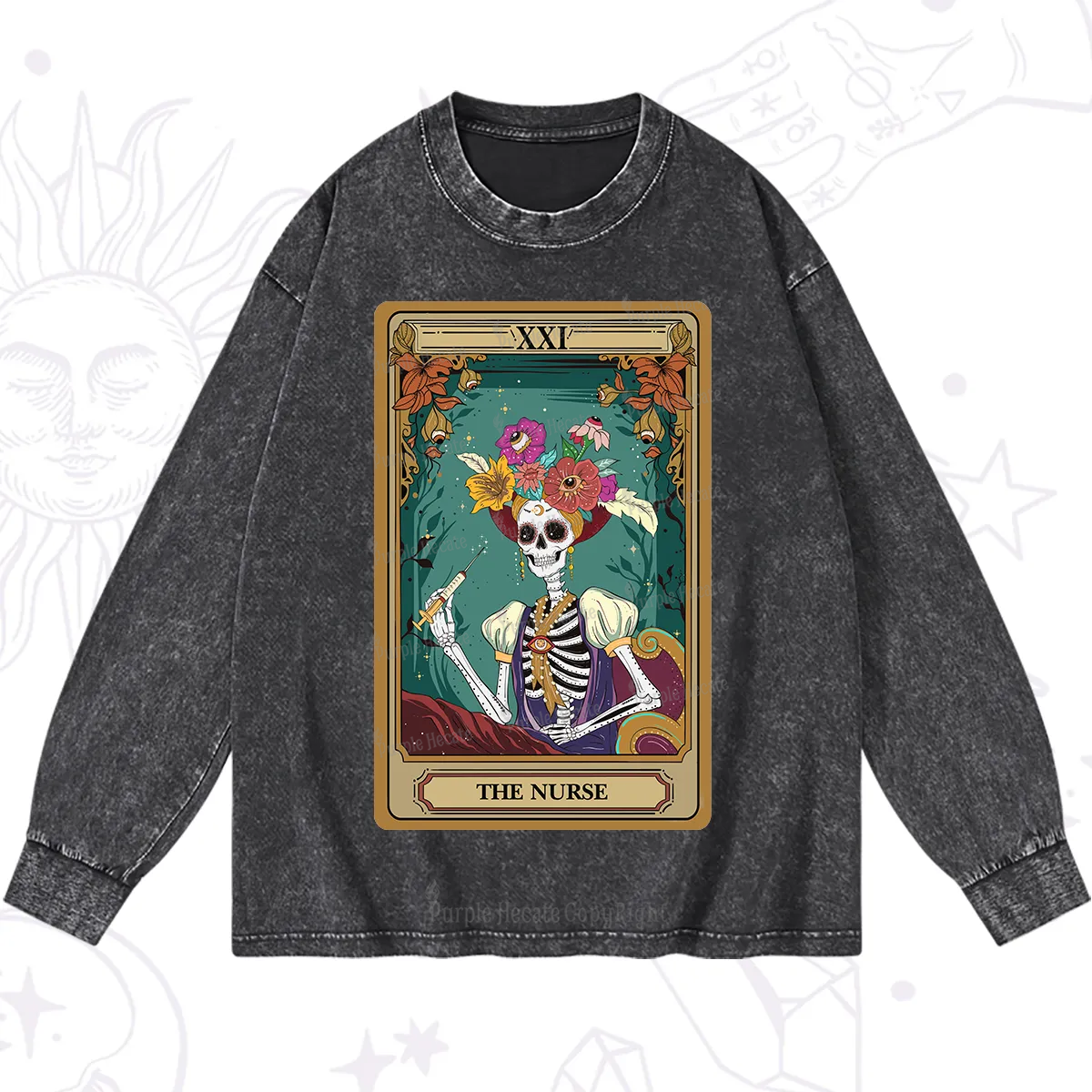 Purplehecate The Nurse Funny Tarot Card Washed Long Sleeve Shirt