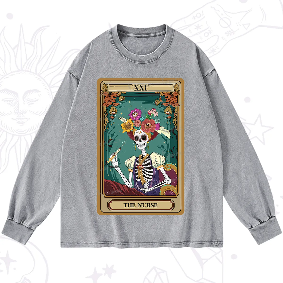 Purplehecate The Nurse Funny Tarot Card Washed Long Sleeve Shirt