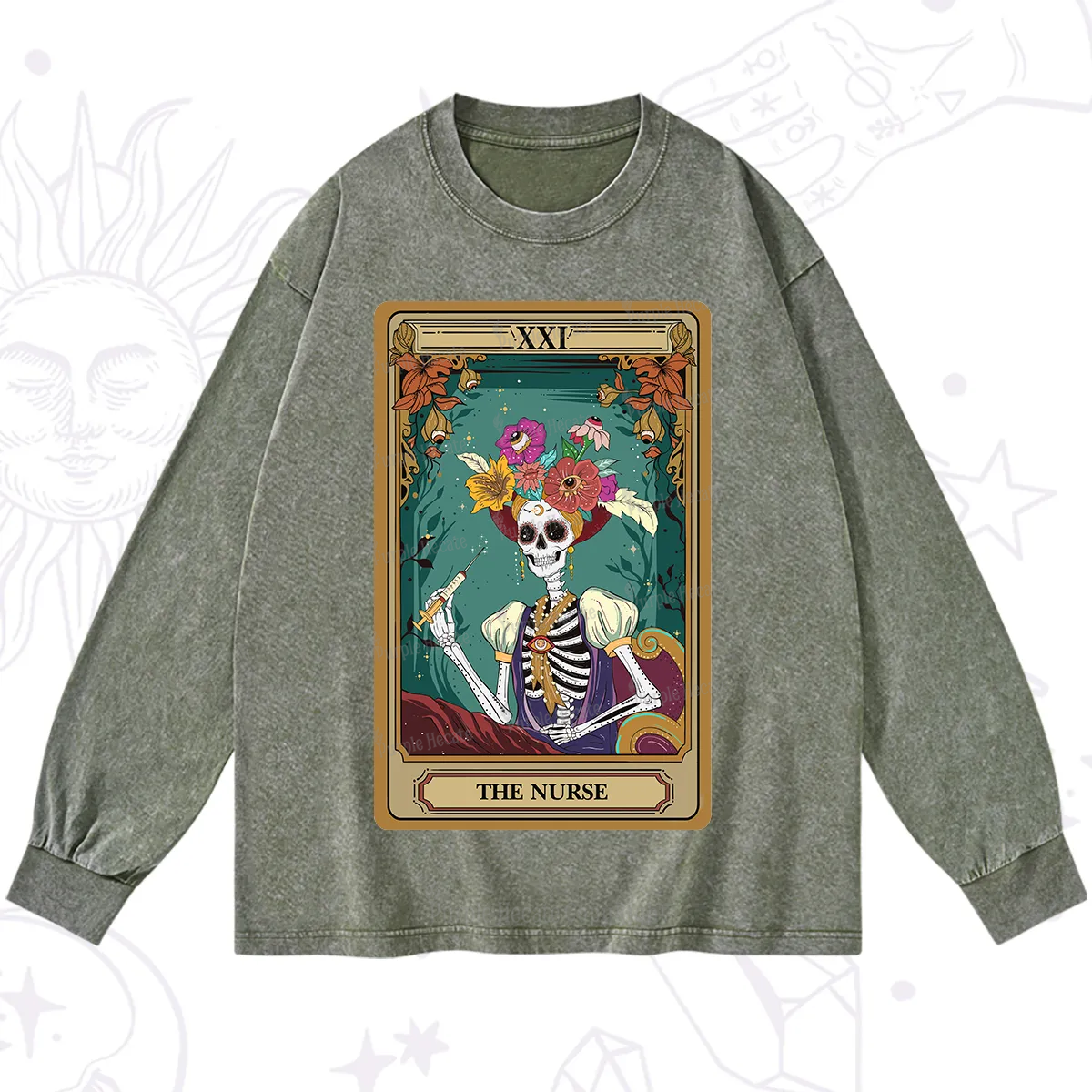 Purplehecate The Nurse Funny Tarot Card Washed Long Sleeve Shirt