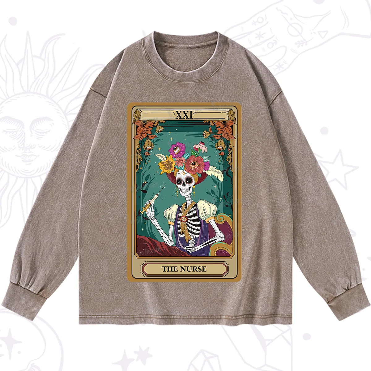 Purplehecate The Nurse Funny Tarot Card Washed Long Sleeve Shirt