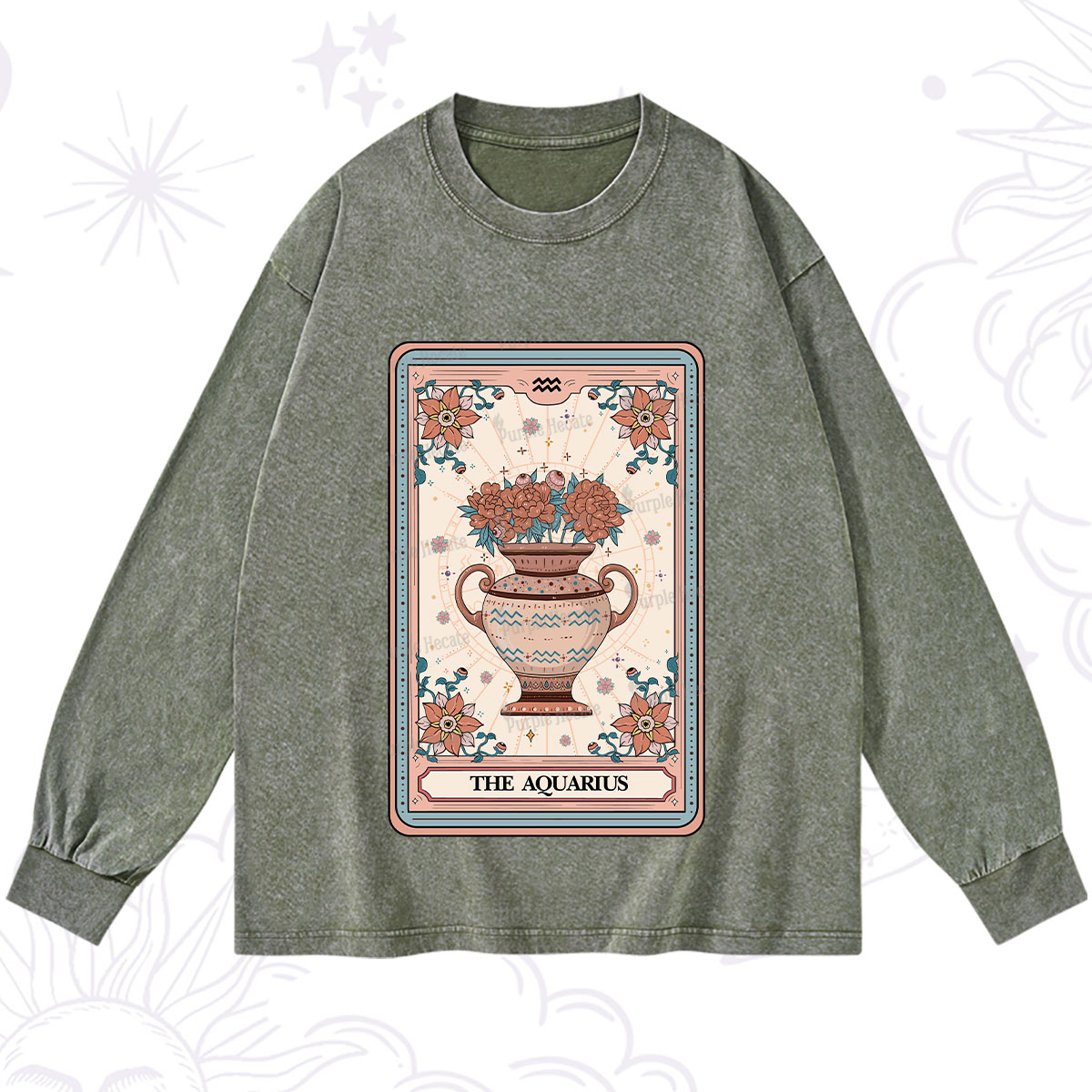 Purplehecate The Aquarius Tarot Card Washed Long Sleeve Shirt