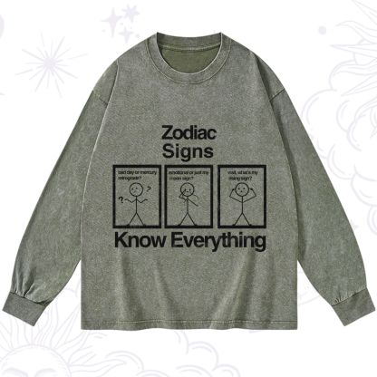 Purplehecate Zodiac Signs Know Everything Washed Long Sleeve Shirt