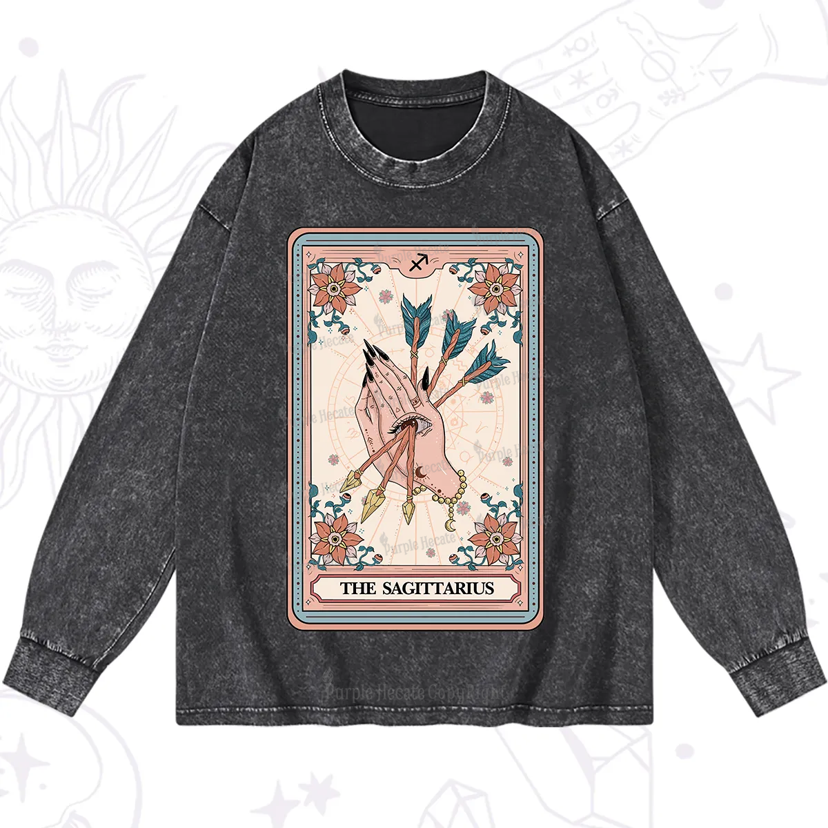 Purplehecate The Sagittarius Tarot Card Washed Long Sleeve Shirt