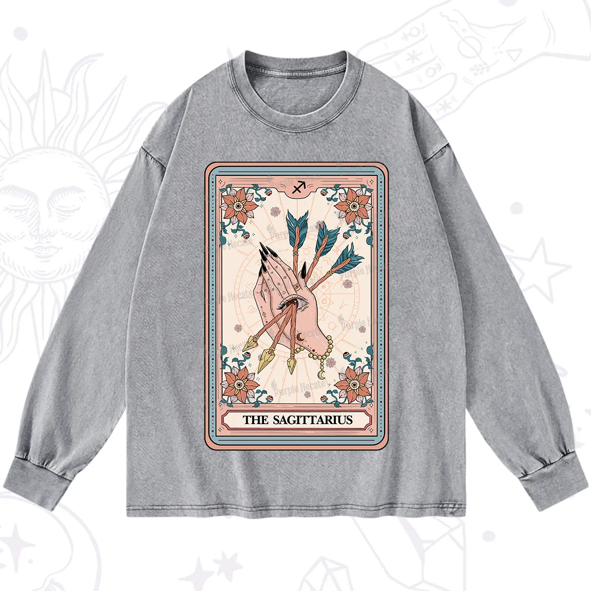 Purplehecate The Sagittarius Tarot Card Washed Long Sleeve Shirt