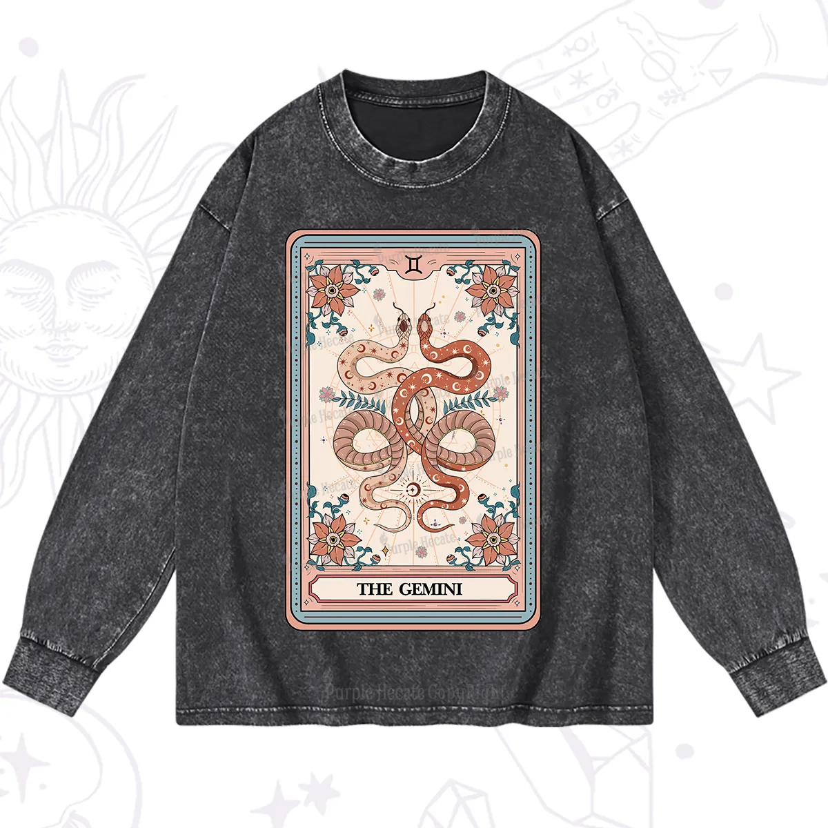 Purplehecate The Gemini Tarot Card Washed Long Sleeve Shirt