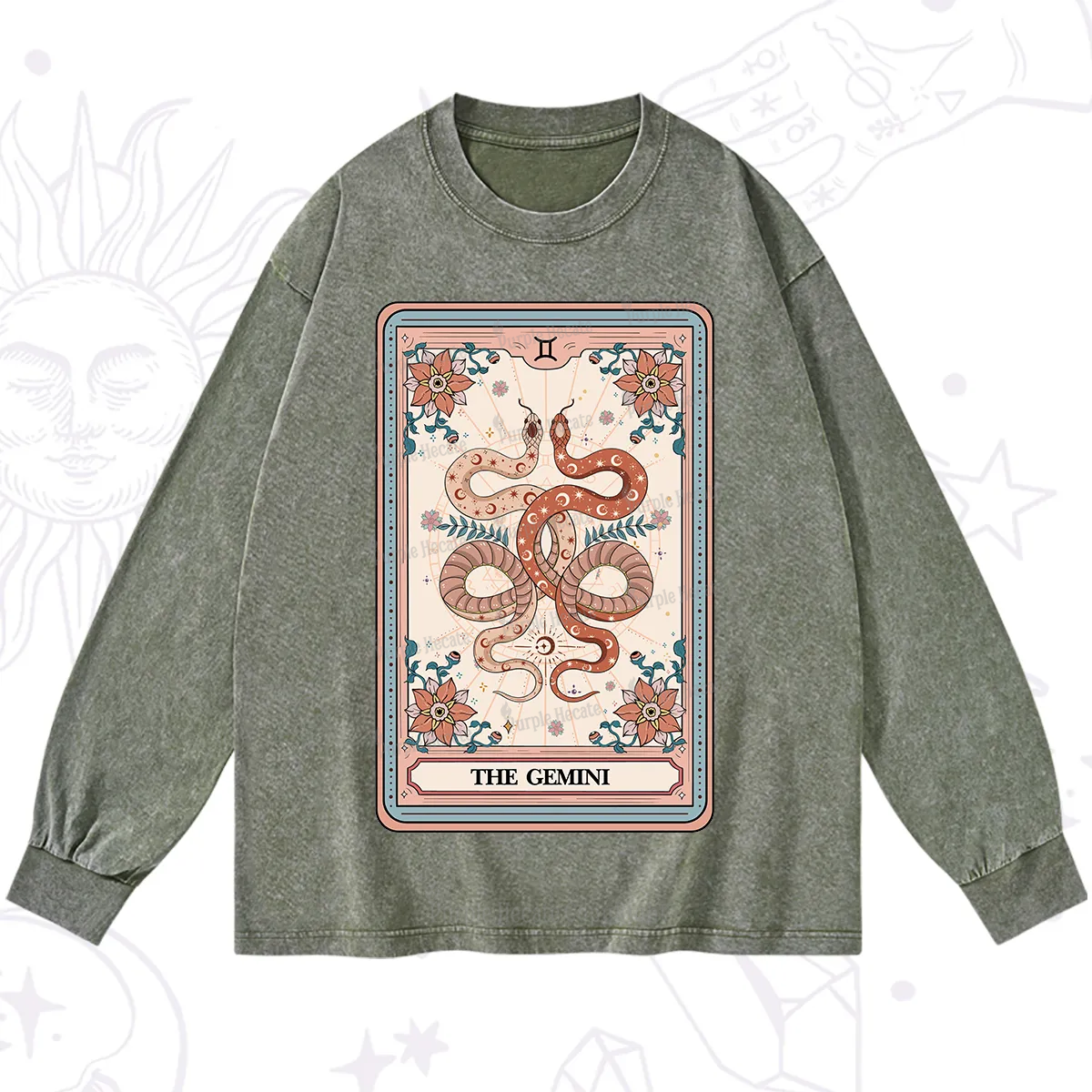 Purplehecate The Gemini Tarot Card Washed Long Sleeve Shirt