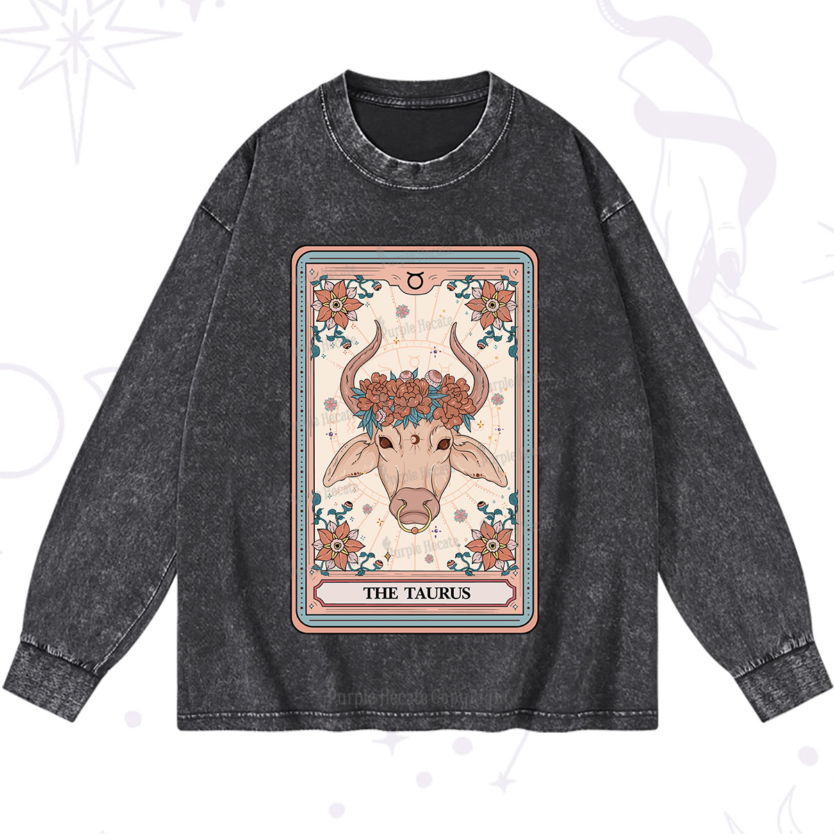 Purplehecate The Taurus Tarot Card Washed Long Sleeve Shirt