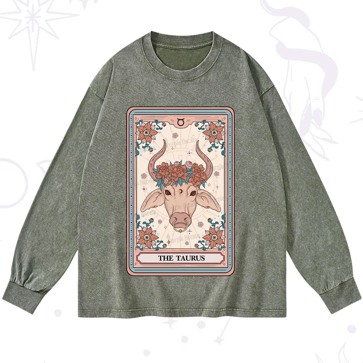 Purplehecate The Taurus Tarot Card Washed Long Sleeve Shirt