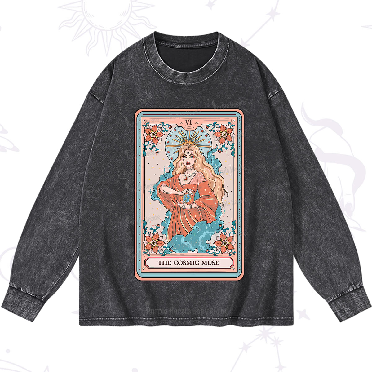 Purplehecate The Cosmic Muse Tarot Card Washed Long Sleeve Shirt