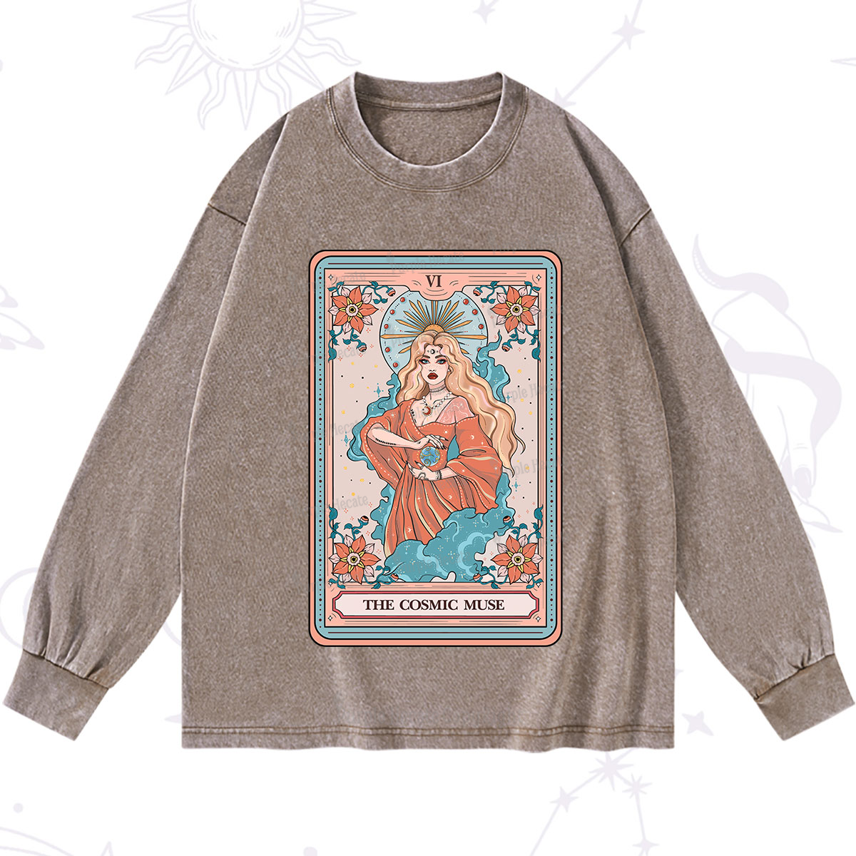 Purplehecate The Cosmic Muse Tarot Card Washed Long Sleeve Shirt