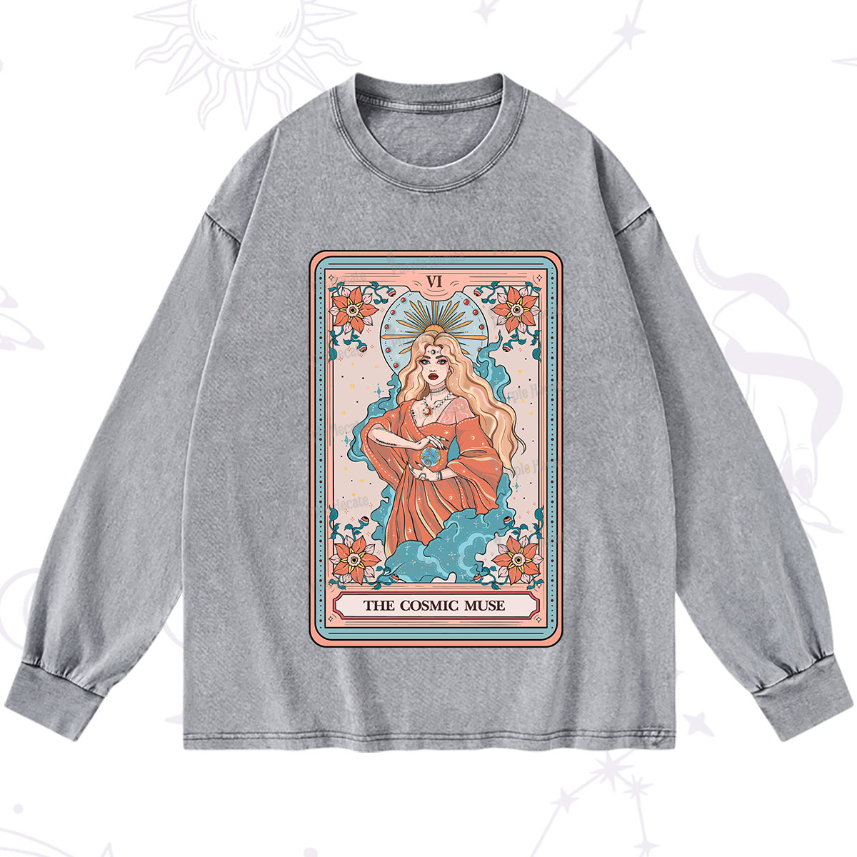 Purplehecate The Cosmic Muse Tarot Card Washed Long Sleeve Shirt